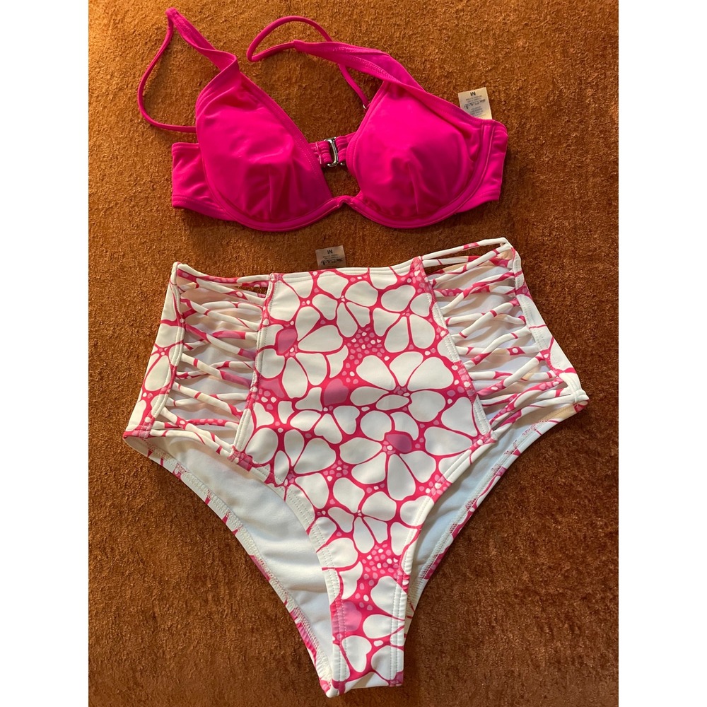 Surf Style Womens Pink Floral High Waisted Bikini Set Underwire Strappy Medium